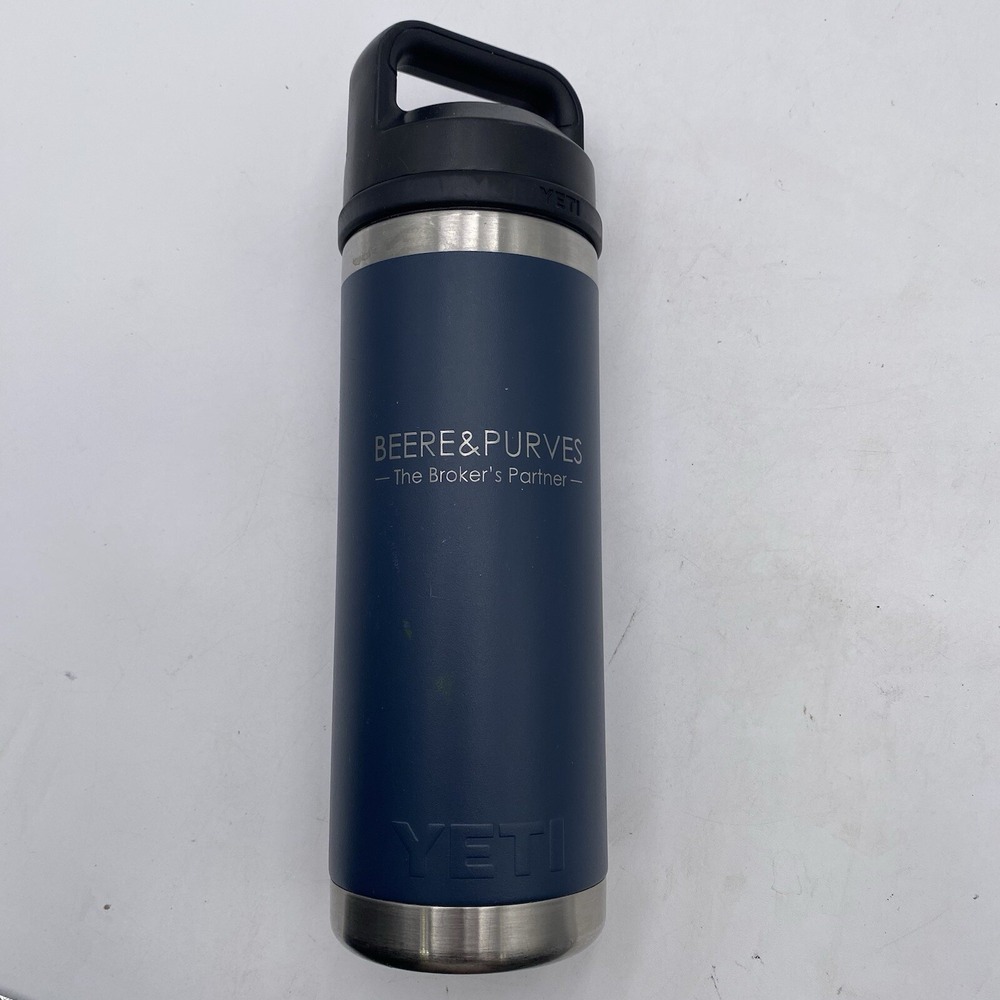 Yeti Rambler 18 OZ Bottle Navy Blue Chug Cap Clean SEE PICS Engraved Water Cup3